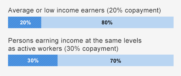 Persons turning 70 on or before March 31, 2014:10% copayment, Persons turning 70 on or after April 1, 2014: 20% copayment, Persons earning income at the same levels as active workers:30% copayment.