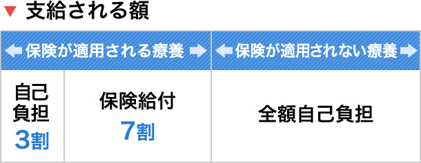 支給される額、保険が適用される療養：自己負担3割、保険給付7割、保険が適用されない療養：全額自己負担