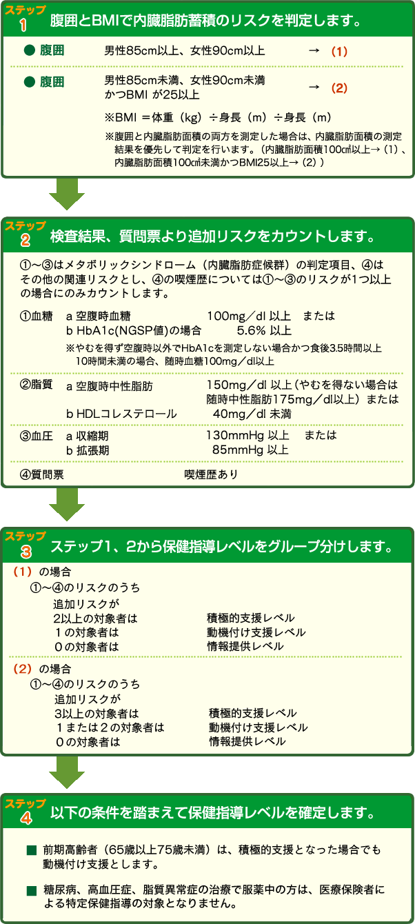 ステップ１：腹囲とBMIで内臓脂肪蓄積のリスクを判定します。ステップ２：検査結果、質問表より追加リスクをカウントします。ステップ３：ステップ１，２から保健指導レベルをグループ分けします。ステップ４：いくつかの条件を踏まえて保健指導レベルを確定します。